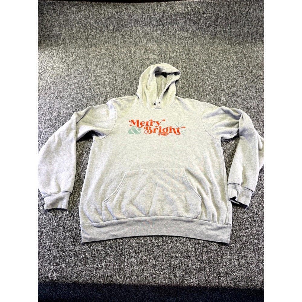 Bella + Canvas Pullover Hoodie Mens Large Gray Knit Fleece Graphic Print Warmth